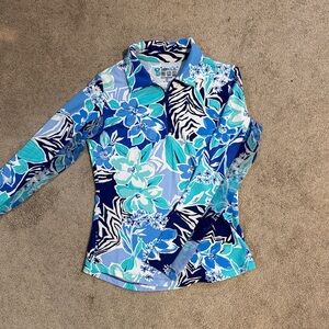 IBKUL Blue Teal Floral & Zebra Long Sleeve Polo